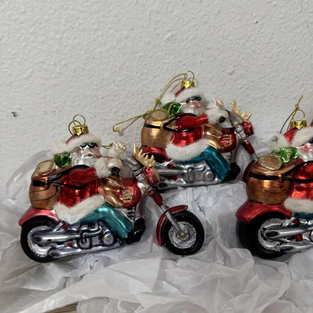 Peschka Rider Biker Santa Claus Glass Christmas Ornament Set‎ Of 4 Vintage